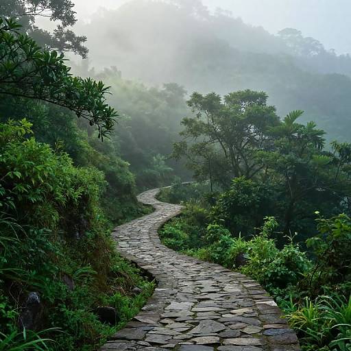 Photograph of a winding stone pathway through a misty, lush, green forest with dense foliage and tall trees in the background.