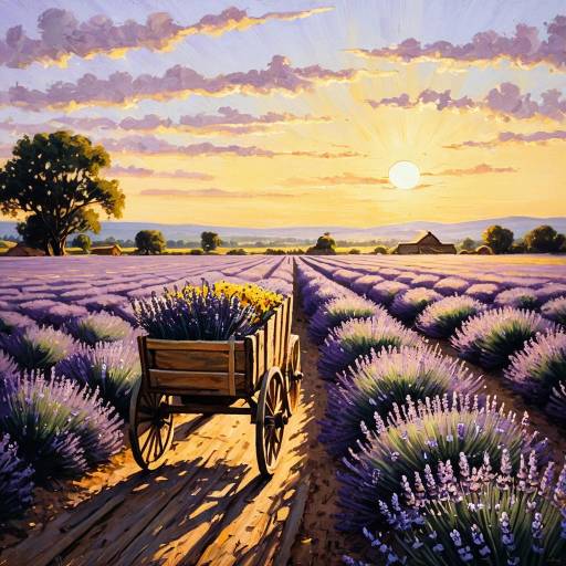 Sunlit Lavender Field with Wooden Cart at Sunset