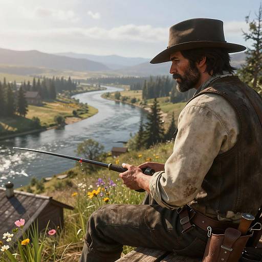 Cowboy Fishing by River in Western Valley