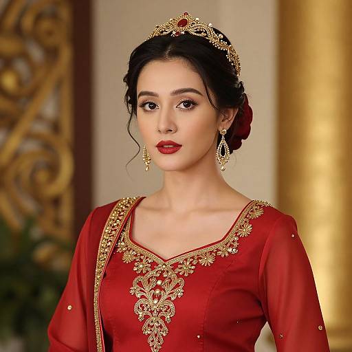 Photograph of an Asian woman with fair skin, dark hair in an updo, wearing a red, gold-embroidered traditional dress, gold