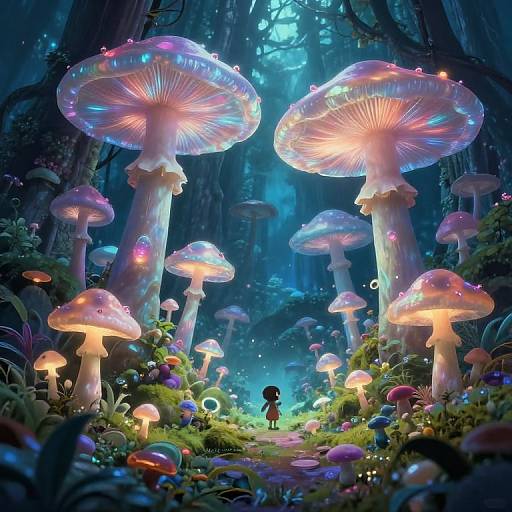 Fairy-tale forest scene with glowing, bioluminescent mushrooms, colorful berries, and a small, silhouetted figure on a glowing