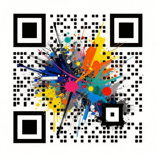 Abstract digital art with black pixel squares, colorful splatters (red, yellow, blue, orange), and dynamic black splashes on white background.