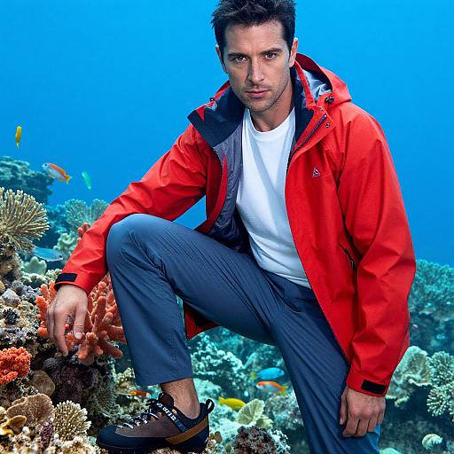 Man in Hiking Gear by Coral Reef
