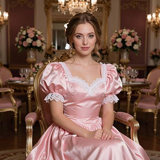 Photograph of a young woman with fair skin and brown hair, wearing a pink satin dress with white lace, sitting in an ornate, chandelier