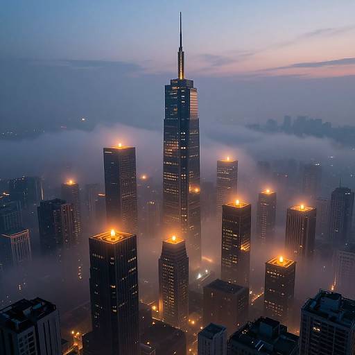 Photograph of a cityscape at dusk with tall skyscrapers, illuminated rooftops, and mist shrouding the buildings, centered on a tall