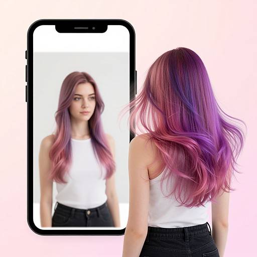 Photograph of a young woman with long, pink-to-purple ombre hair, wearing a white tank top and black pants, standing in front of