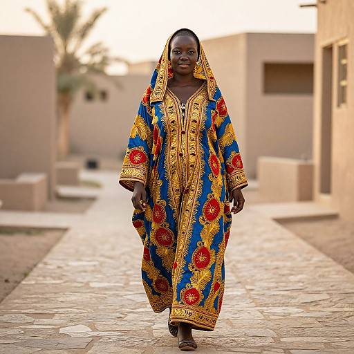 Photograph of a dark-skinned woman wearing an ornate, blue, red, and gold traditional African dress, walking down a sunlit, stone