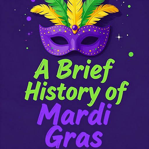 Vibrant digital artwork: Purple masquerade mask with yellow and green feather adornments, text 