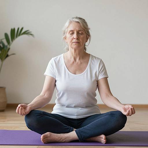 Photograph of an elderly white woman with gray hair, wearing a white t-shirt and black pants, meditating in a cross-legged position on a purple