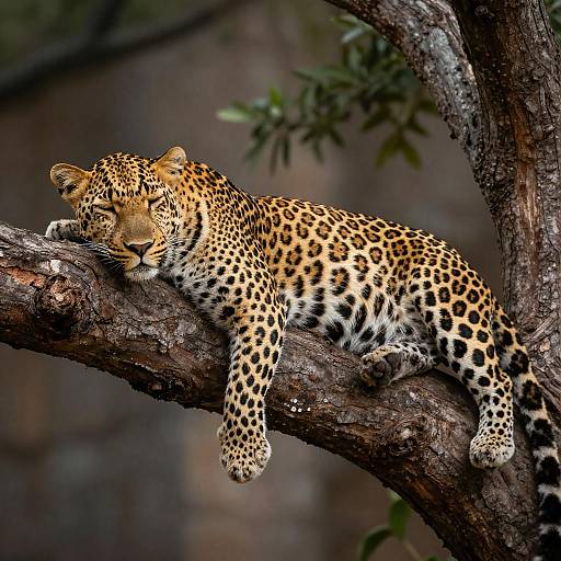 Relaxed Leopard on Gnarled Tree Branch