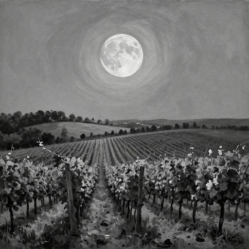 Black-and-white oil painting of a vineyard under a bright, full moon; rows of grapevines stretch into the distance, with a tree line