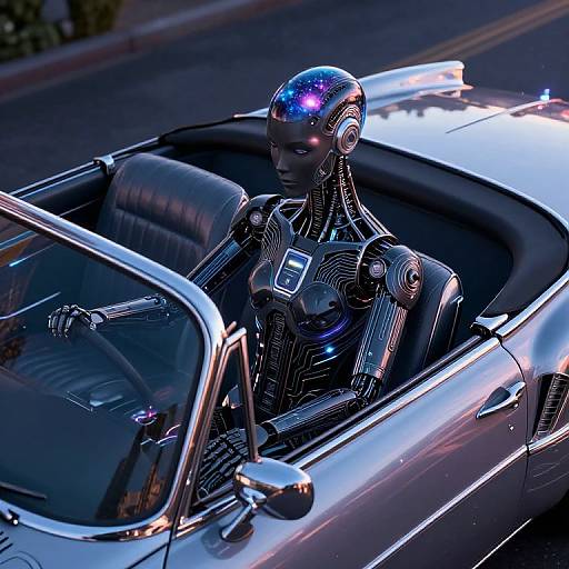 Photorealistic digital artwork of a metallic, blue-lit humanoid robot driving a sleek, black convertible car at night.