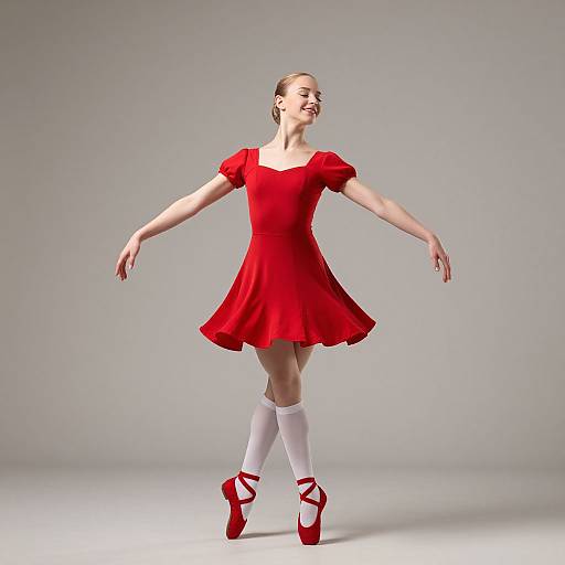 Photograph of a young ballet dancer in a vibrant red dress, white knee-high socks, and red ballet shoes, gracefully posing against a plain gray background