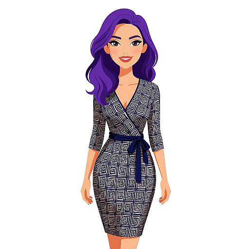 Digital illustration of a smiling woman with vibrant purple hair, wearing a black and white geometric patterned dress, standing against a white background.