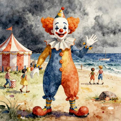 Whimsical Clown at Stormy Seaside Carnival