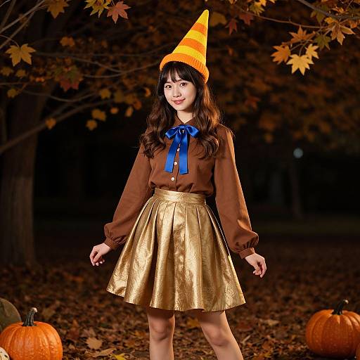 Photograph of an Asian woman in autumn, wearing a brown blouse, blue bow, gold skirt, orange pumpkin hat, standing among pumpkins and fallen