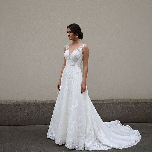 Photograph of a young Asian woman with dark hair in an elegant white lace wedding dress, standing against a plain gray wall and dark gray bench.
