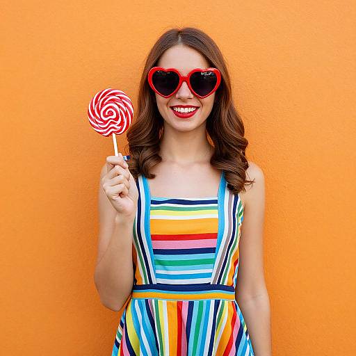 Photograph of a smiling woman with red heart-shaped sunglasses, holding a red and white swirl lollipop, wearing a colorful striped dress, against an orange
