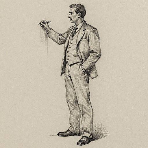 Black-and-white sketch of a suited man with short hair, standing and holding a cigar in his right hand, wearing a vest and tie. He looks