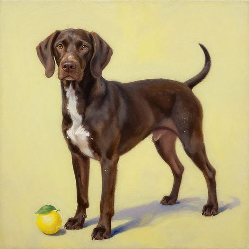 Digital painting of a black and white dog with a yellow lemon in front, standing alert on a yellow background.