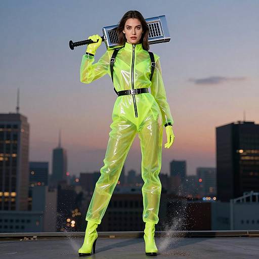 Photorealistic CGI of a woman in neon green, glossy latex suit, holding a bat over her shoulder, standing on a rooftop at sunset, city