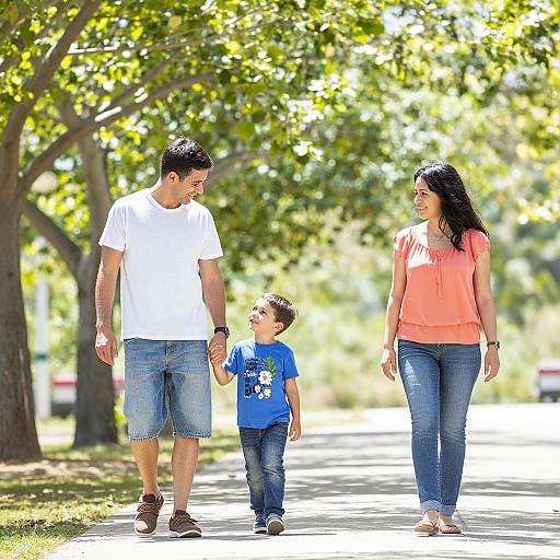 Photograph of a Latino family walking in a sunlit park; father in white shirt and jeans, mother in coral shirt and jeans, holding hands with
