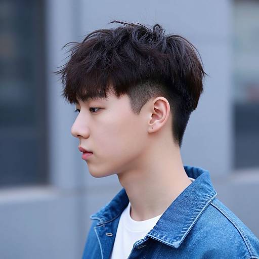 Photograph of a young Asian man with short, messy black hair, fair skin, wearing a blue denim jacket over a white shirt, in profile against