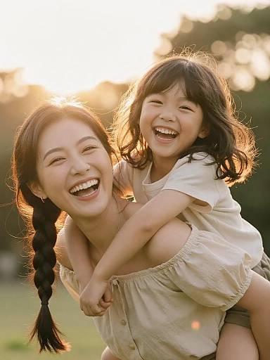 Happy Asian Mother Giving Piggyback Ride to Daughter
