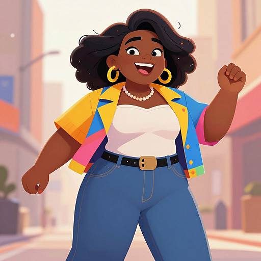 Digital illustration of a smiling, dark-skinned woman with curly black hair, wearing a yellow and blue jacket, white top, blue jeans, gold hoop
