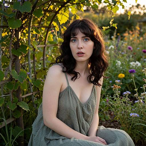 Photograph of a fair-skinned woman with wavy black hair, wearing a loose, green sundress, sitting in a sunlit garden, surrounded