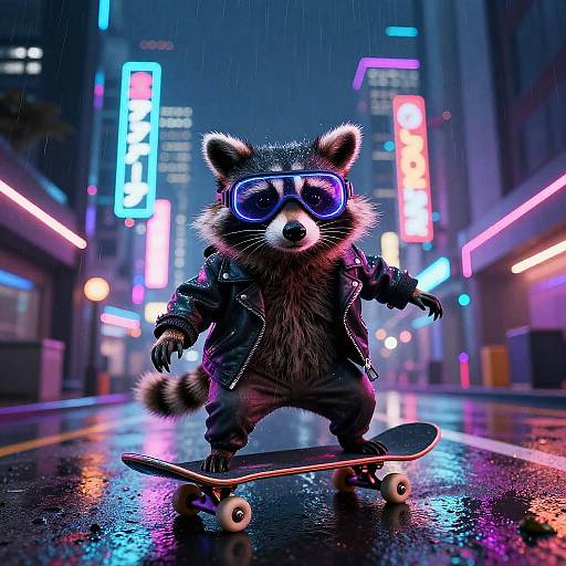 Digital artwork of a raccoon in a black leather jacket, neon goggles, and streetwear, skateboarding on a neon-lit, rainy city street