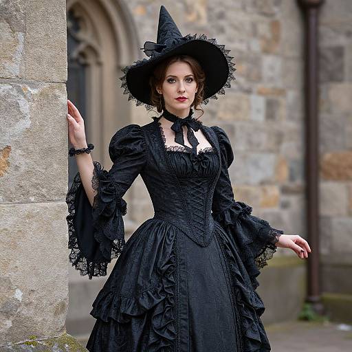 Photograph of a pale-skinned woman in a Victorian-style black lace dress with puffed sleeves and a witch hat, standing against a stone building.