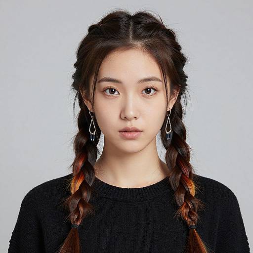 Photograph of an Asian woman with fair skin and dark hair in two braids, wearing black earrings and a black sweater, against a light blue background