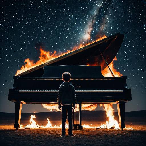 Boy Standing by Burning Grand Piano Under Starry Sky
