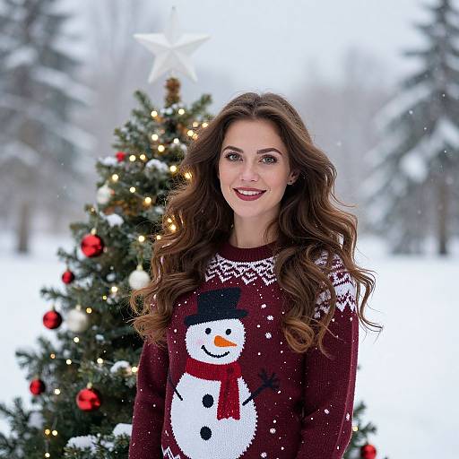 Photograph of a smiling woman with long brown hair, wearing a red snowflake-patterned sweater with a snowman graphic, standing in front of a