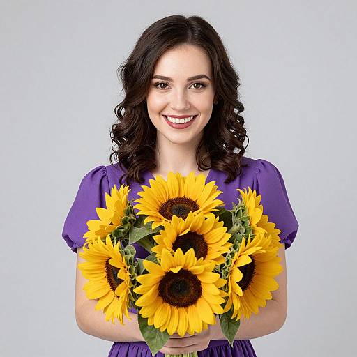 Photograph of a smiling woman with curly dark brown hair, wearing a purple dress, holding a bouquet of vibrant yellow sunflowers against a plain white background
