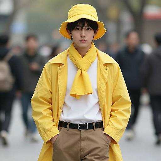 Photograph of an Asian male model in a yellow raincoat, matching hat, white shirt, and beige pants, standing confidently on a city street with