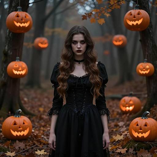 Gothic Woman with Jack-O'-Lanterns in Forest