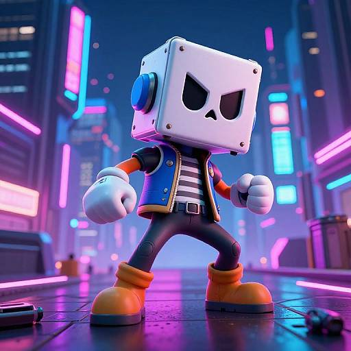 CGI image of a square-headed, skeletal, blue-jacketed character with white gloves, black pants, and orange boots, standing defiantly in