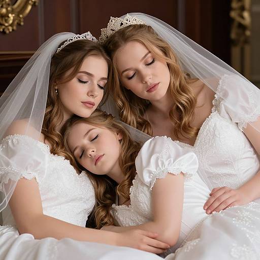Photograph of three fair-skinned women with wavy blonde hair, wearing white lace wedding dresses and veils, peacefully sleeping together.