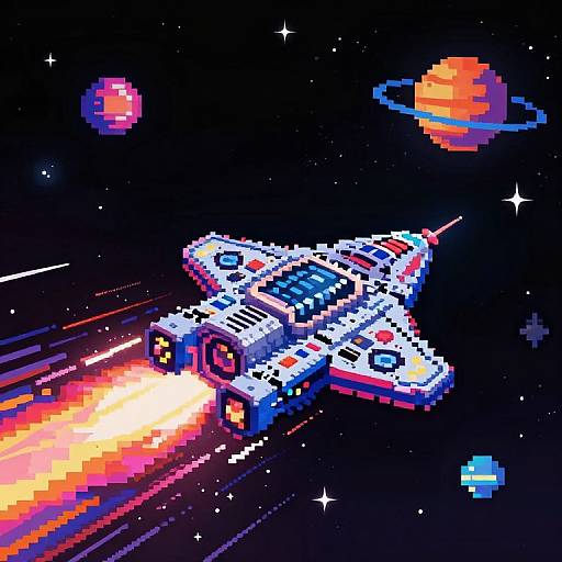Pixel art of a colorful, retro-futuristic spaceship with a fiery tail, flying through a starry space with two planets and a small blue satellite