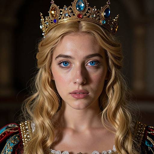 Photograph of a young blonde woman with blue eyes, wearing a golden crown with colorful jewels, and a detailed, ornate dress. Dark, blurred