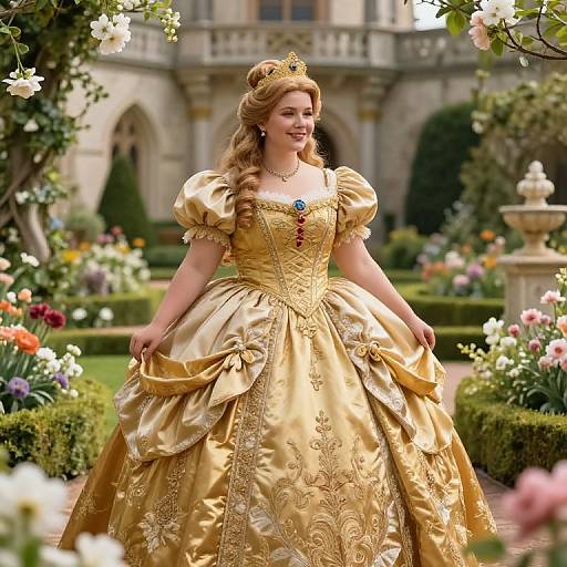 Princess in Ornate Golden Gown in Castle Garden