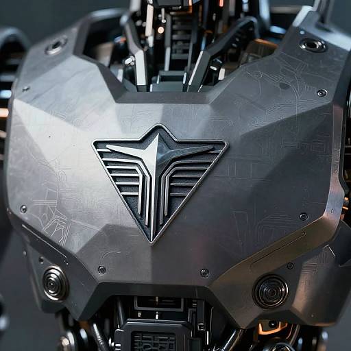 Close-up photograph of a futuristic, metallic robot head with a geometric emblem, intricate circuit patterns, and glowing orange accents.