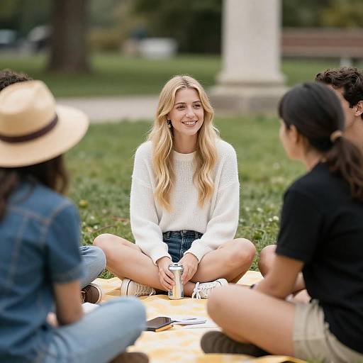Group Picnic on Yellow Blanket in Park