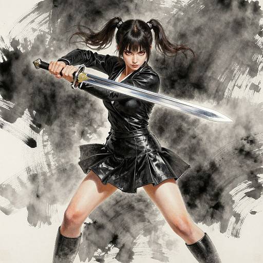 Digital artwork of an intense, black-haired woman in a leather skirt and jacket, wielding a sword, with dynamic, smoky gray background.