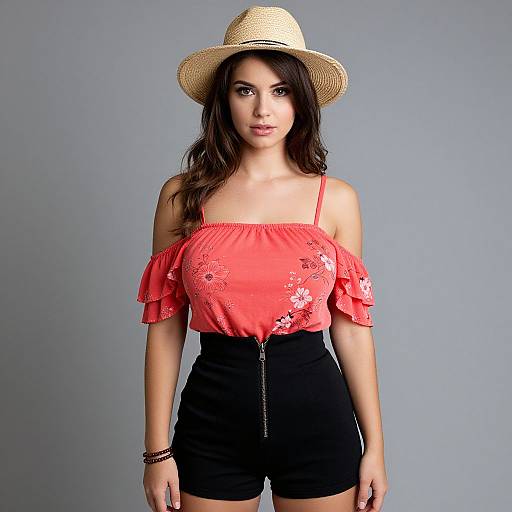 Photograph of a young woman with long brown hair, wearing a straw hat, off-shoulder coral top, black high-waisted shorts,