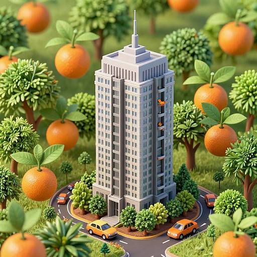 Photorealistic CGI: Tall white skyscraper surrounded by lush orange trees with ripe oranges, cars parked and driving on curved road.