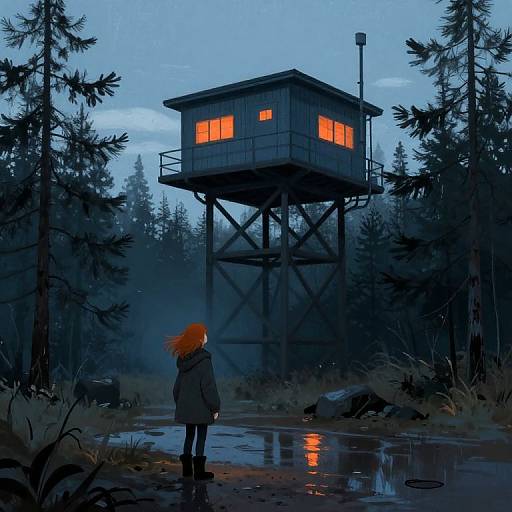 Digital artwork: A person with orange hair stands in a forest, gazing at a dark, elevated wooden tower with glowing orange lights at dusk. Reflection