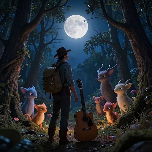 Photograph-like digital art: Man in hat and backpack, guitar, faces moonlit forest, surrounded by glowing, whimsical fox-like creatures.
